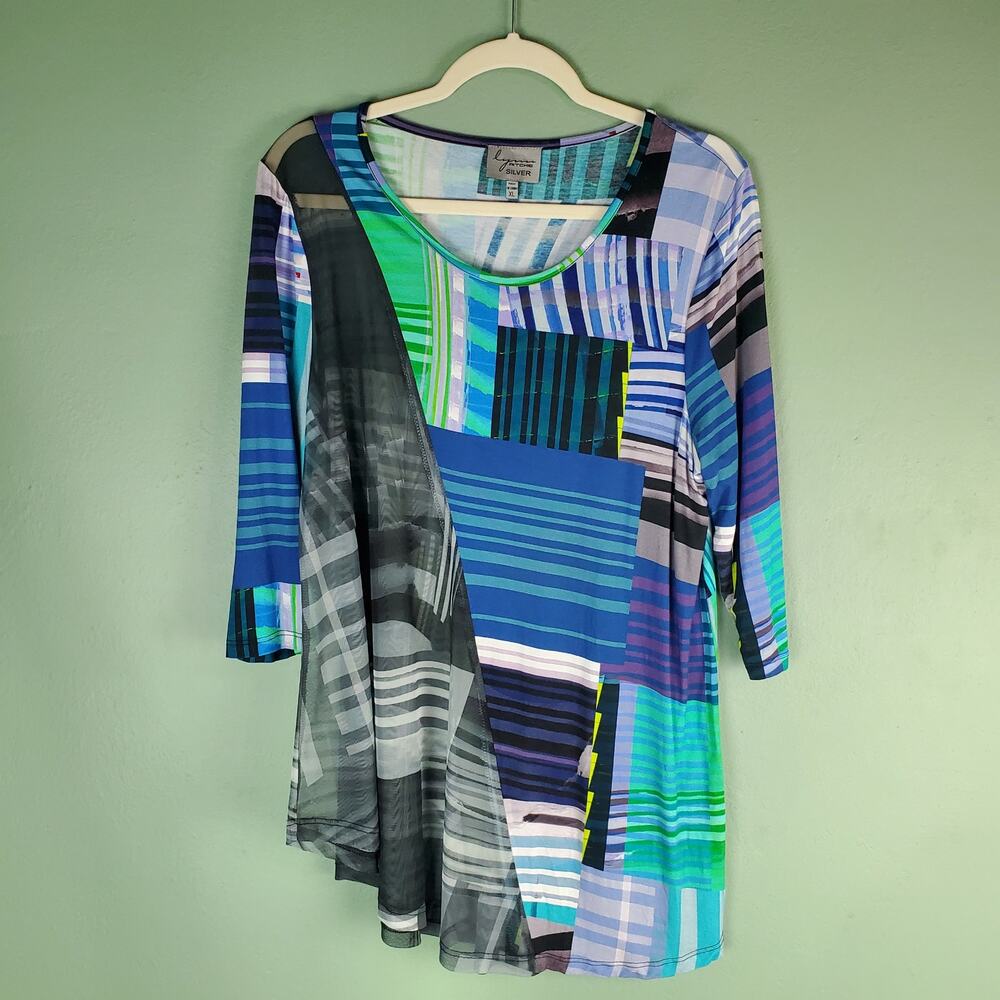 Lynn Ritchie Abstract Geometric Asymmetrical Mixed Media Sheer Tunic Top Size XL
